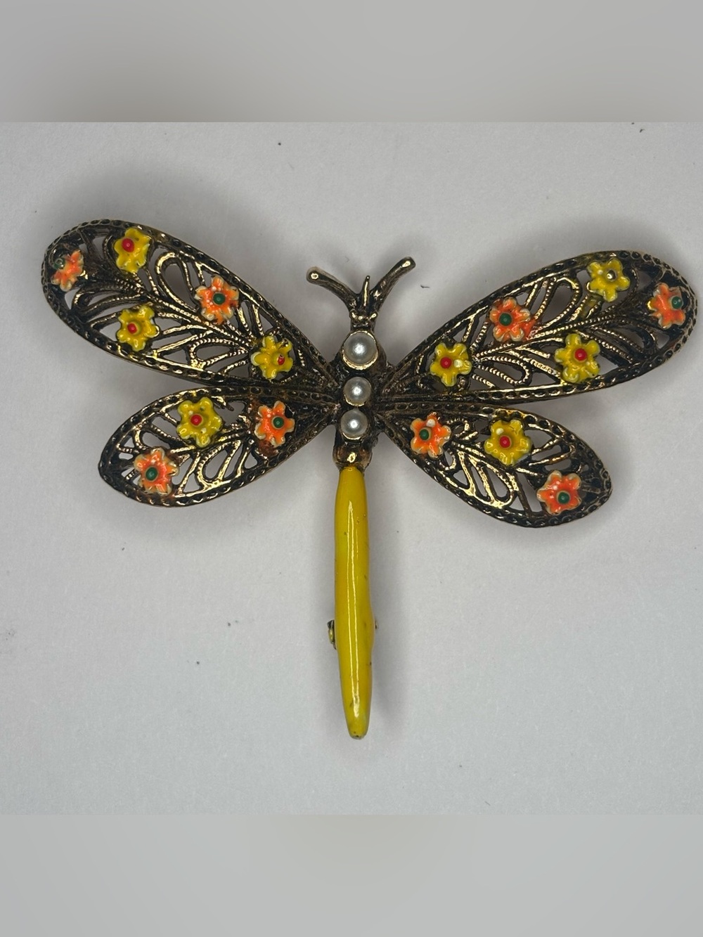 Vtg ART Mode Arthur Pepper Goldtone Metal Enamel Faux Pearl Dragonfly Pin Brooch